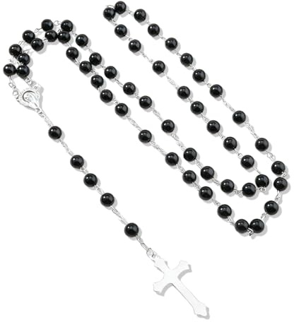 JYNXOR Chapelet de perles de cristal, collier de croix catholique, médaille du sol sacré et Crucifix,Collier Chapelet Croix Catholique, pour Chrétiens Catholiques Communion Religieuse, Baptême, Messe