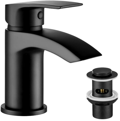 Funime Basin Taps Mixers Waterfall Black with Slotted Pop-up Waste Bathroom Sink Mixer Tap Mono 1 Hole Single Lever Modern with G1/2'' Hoses Round Cloakroom Taps Hot and Cold Water Mixer