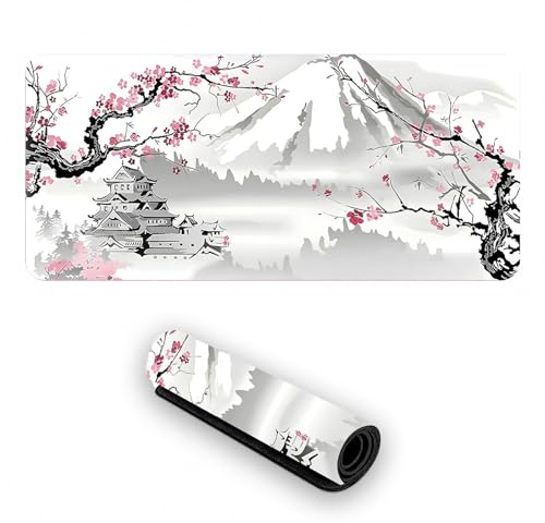 Gaming musmatta vit XXL, 900 x 400 mm vit Sakura musmatta, utökad stor skrivbordsmatta, skrivbordsunderlägg med gummibas, halkfri musmatta japansk stil, för gaming kontor PC bärbar dator