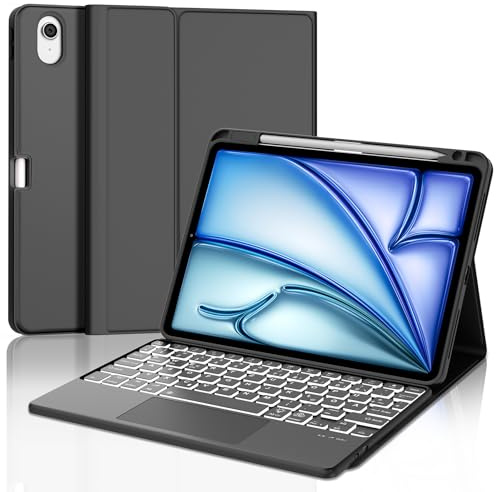 Funda Teclado para iPad Air 11 M4/M3/M2 (2024-2026) Touchpad/Iluminación | Funda con soporte para bolígrafo, Bluetooth magnético QWERTZ teclado para iPad Air 8/7/6. Generación de 11 pulgadas M4/M3/M2
