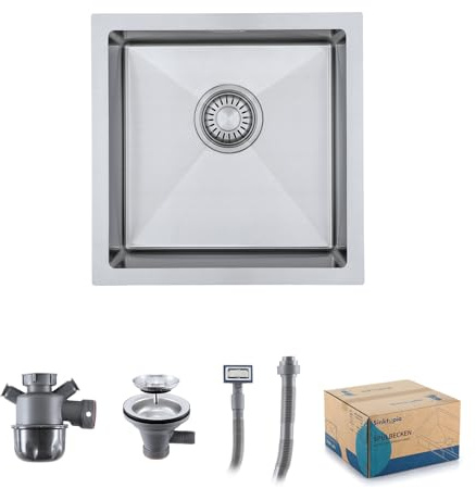Undermount Kitchen Sink with Waste Kit Stainless Steel Small Sinks 40×40 cm | Thick 304 Stainless Steel No Tap Hole Single Bowl | Deep Basin for Kitchen Bar Campervan Utility Room with Strainer Overflow