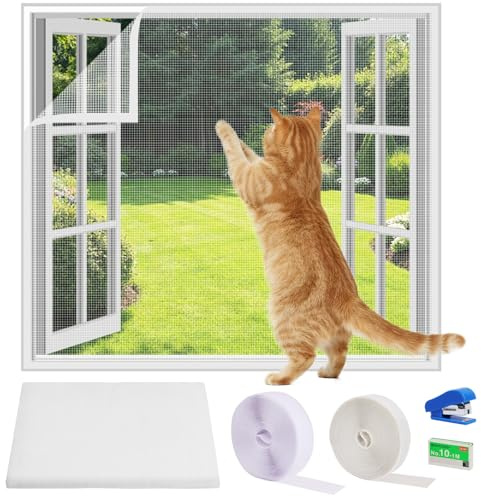 AOOWU Fenster Fliegengitter Katzensicher, Fliegengitter für Fenster, Ohne Bohren Insektenschutz Fenster mit Selbstklebeband Hefter, DIY Größe, Fensterschutz Katze für Fenster Dachfenster, 130X150CM