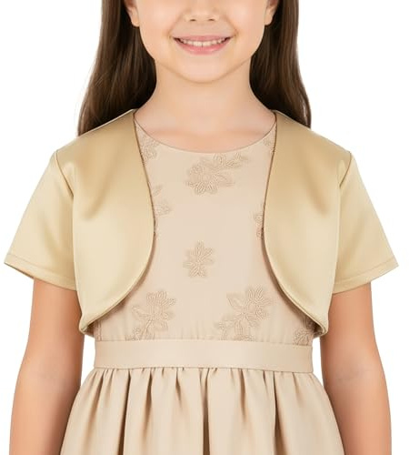 BlackButterfly Kids Satin Short Sleeve Bolero Childrens Girls Shrug (Gold, 13-14 YRS)