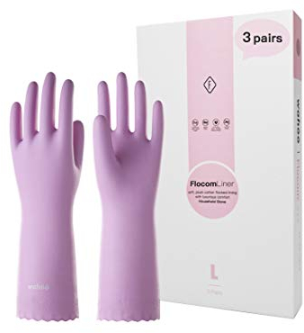 LANON 3 Pairs wahoo Skin-Friendly Dishwashing Cleaning Gloves, Reusable Kitchen Gloves, Cotton Flocked Liner, Non-Slip, Large