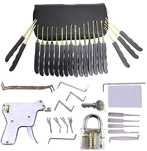 28-teiliges Dietrich Set mit transparenten Vorhängeschloss/Sicherheitsschloss und Lockpick-Pistole und 5-in-1 Kreditkarte Lockpicking-Set