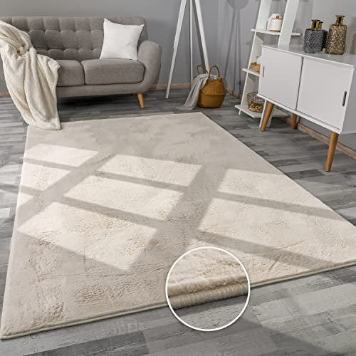 Paco Home Hochflor Teppich Wohnzimmer Flauschig Fellteppich Kunstfell Plüsch Shaggy Weich Fellimitat, Grösse: 120x160 cm, Farbe: Creme