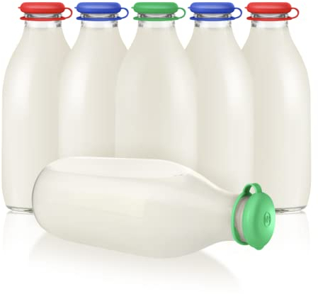MilkTopz - 6 x 100% LeakProof, Airtight, Reusable Silicone Milk Bottle Tops for UK 1 Pint Milk Bottles x 6 (Multi Colour) - BOTTLES NOT INCLUDED