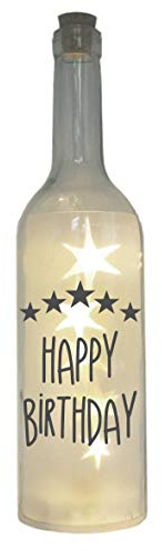 WB wohn trends LED-Flasche mit Motiv, Happy Birthday Sterne, grau, 29cm, Flaschen-Licht Glitzer-Flasche Leuchtflasche Lampe mit Text Spruch