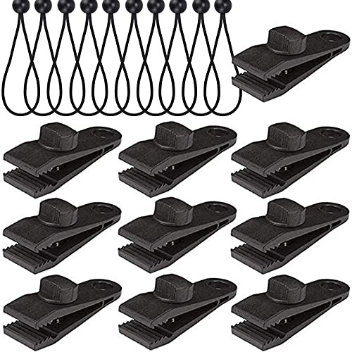 Camping Tent Clip Awning Clamp Awning Clamp Tarpaulin Clips Plastic Tent Clip Set Tarp Clips Set Tents Clips for Outdoor Tent Camping Awning (10 Pieces Clip and 10 Pieces Rubber Tensioners)