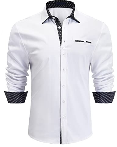 Enlision Camisas Casuales y Formales para Hombre - Manga Larga, Elegante, Blanco, XXL