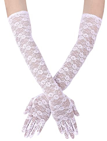 KINBOM Long Lace Gloves, Bridal Gloves for Wedding Small Flower Pattern Floral Lace Gloves for Women Tea Party 1920s Costumes Prom Masquerade, One Pair, Length 21.3inch (White)