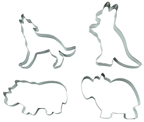 BekkiB - 4er-Set „Tiere“ - Ausstechformen Wolf, Nashorn, Nilpferd, Känguru - Ausstecher aus Edelstahl sind spülmaschinengeeignet - 3934
