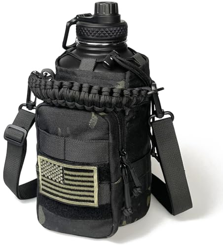 DEFUNX Borraccia da 1,8 litri con manica, borraccia termica da 1,8 l, con cinghia, in acciaio inox, grande, per palestra, sport, allenamento, escursionismo, colore nero mimetico