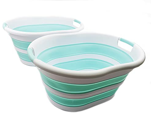 SAMMART 36L zusammenklappbarer Kunststoff-Wäschekorb–ovale Wanne/Korb–faltbarer Aufbewahrungsbehälte–tragbare Waschwanne–platzsparender Wäschekorb, Wasserkapazität: 28 l (Weiß/Seegrün (2er-Set))
