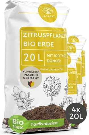 JASKER'S Bio Zitruserde 80 L (4x20L) mit Dünger - Mediterrane Pflanzenerde - 100% natürliche Rohstoffe - torfreduzierte Blumenerde & Nährstoffversorgung für leckere Zitronen - Zitruspflanzenerde