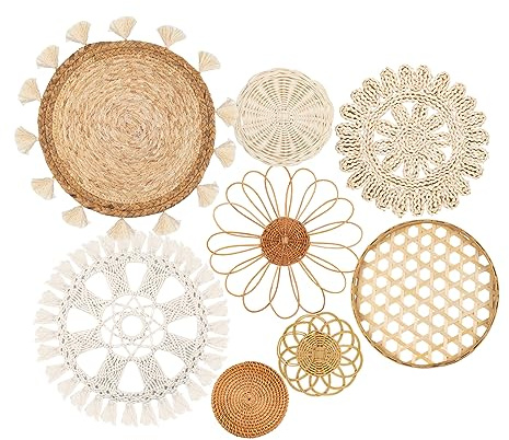 Boho Wall Basket Decor Set of 8 - Flat Woven Basket Wall Hanging Decor,Round Tassels White Macrame Tapestry Wall Decor Art,Handmade Rattan Wicker Seagrass Home Wall Baskets Decor（Boho Classic)