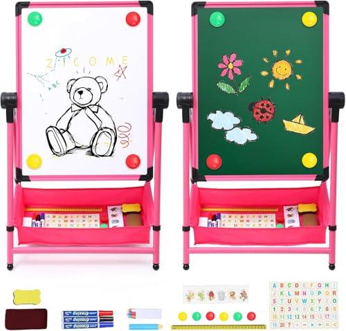Kinderstaffelei, doppelseitig, faltbar, 74,9 cm - 111,8 cm, höhenverstellbar, Stehstaffelei mit Stauraum, 360° drehbar, Malstaffelei und Tafel mit Bonus-Buchstaben und Zahlen, Jungen und Mädchen