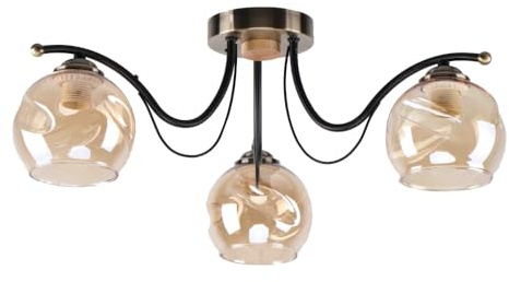 TEKLED Amber Glass Dome Black and Antique Brass Metal Semi Flush Ceiling Light | E27 Fitting | Elegance Design Decorative Lighting | For Living Rooms Dining Halls Hallways | 3 Lamp (Bulb not Included)