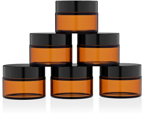 HOTUT 6 Pcs 50ml Amber Glass Jars, Brown Glass Cosmetic Tinted Jars, Empty Cosmetic Containers with Inner Liners and Black Lids for Lotions Cream Ointments Travel Makeup Beauty Storage