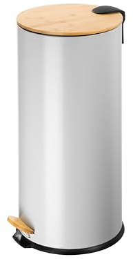 ECHTWERK Tretabfalleimer Skandi Look, Abfalleimer, Mülleimer, robuster Eisenkorpus mit Bambusdeckel, Soft Close Funktion, Grau, Fassungsvermögen 30 Liter