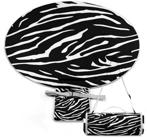 SEEKJOYS Runde Picknickdecke mit Tragegurt, faltbar, tragbar, 3-lagig, wasserdicht, Stranddecke für Outdoor, Camping, Sommer, Strandmatte, 152,4 cm Durchmesser (Zebra schwarz gestreift, abstrakt)