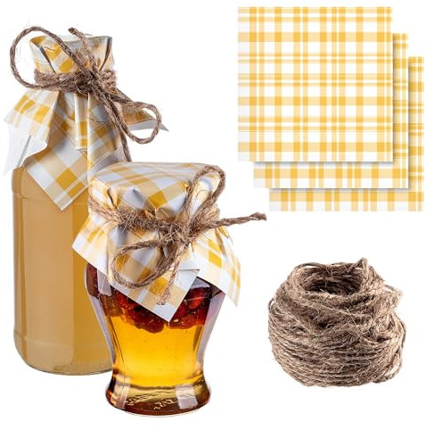 KADAX Juego de 50 tapetes decorativos para tarros de mermelada con cordón de yute para tarros de mermelada, tapas de papel (cuadros amarillos