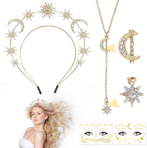 VEQENIFY Haarreif Sternen Gold Haarreif Sonne Mond Sternen Gold Haarreifsterne Mond und Sonne mit Sterne Mond Halsketten und 2 Mond Temporäre Gesichtstattoo für Damen Mädchen Karneval Fasching Party