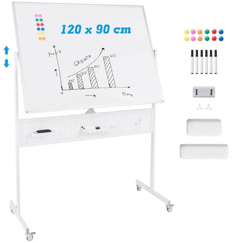 GOPLUS Doppelseitiges Whiteboard mit Ständer 120 x 90 cm, höhenverstellbar, Trocken abwischbar, Magnetisches Whiteboard mit Zubehör Set für Büro, Klassenzimmer & Zuhause (Weiß)