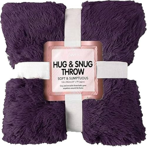 Cuddles Throws Hug & Snug Long Pile Fulffy Fur Fleece Blankets Super Soft Warm Cosy Couch Sofa Settee Bed Sherpa Fleece Throws Travel Multipurpose Large Blankets (Purple, Double - 150x200cm)