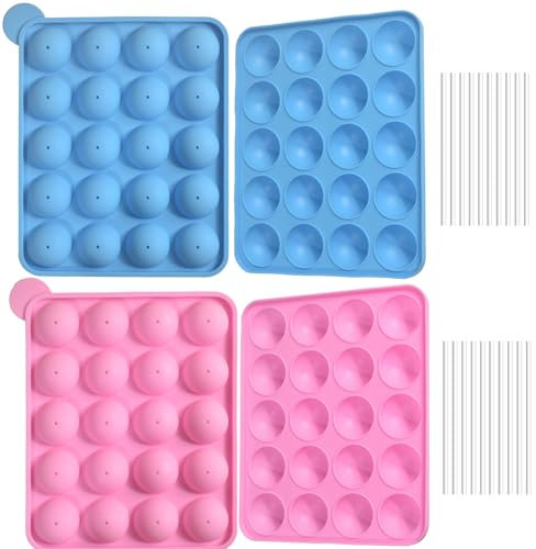 Newk Lot de 4 moules à cake pops en silicone, 2 roses et 2 bleus, anti-adhésifs, en silicone de qualité alimentaire pour pâtisserie, bonbons et friandises DIY