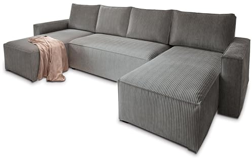 Masseno Ecksofa ASPRA mit Schlaffunktion U-Form, Sofa mit Bettkasten, Wohnzimmersofa, Couch, Soffa, Bettsofa, Couchgarnitur- Grau, POSO 60