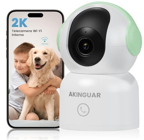 AKINGUAR Telecamera WiFi Interno, 2K HD Videocamera di Sorveglianza, Visione a 355°, Visione Notturna, Tracciamento del Movimento con Rilevamento di Persone, Audio Bidirezionale, Verde
