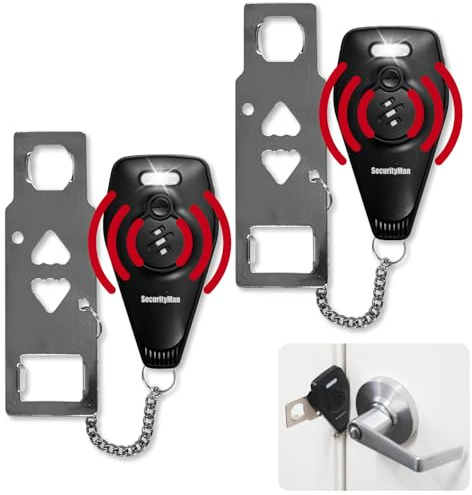SecurityMan Portable Door Lock for Hotel, Apartment, & Travel (2-PK) - Renter Friendly Apartment Door Lock - 130dB LED Alarm - Rechargeable Locks for Travelers - Hotel Room Security Devices - Black