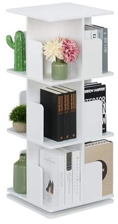 Relaxdays Bücherregal, 360 Grad drehbar, 3 Ebenen, Bücher, CDs, Deko, HBT: 95x39x39 cm, Wohnzimmer Drehregal, weiß