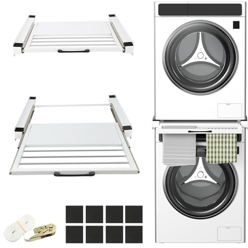 Ollewiellan Marco intermedio con placa extraíble, marco de conexión para lavadora y secadora con cuerda de trinquete de 6 m, marco de conexión universal para lavadora con estante, color blanco