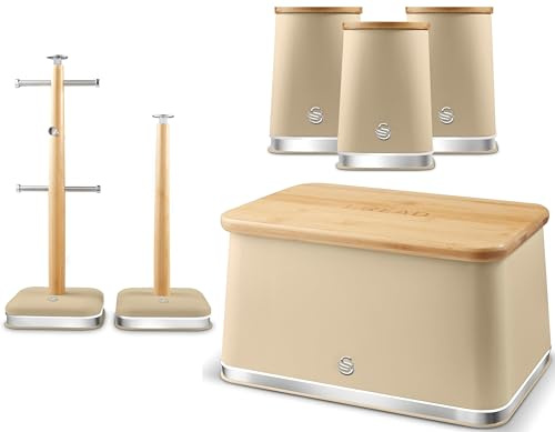 Swan Nordic Oatmeal Bread Bin, Canisters, Mug Tree & Towel Pole. Scandinavian Inspired Minimalist Design Kitchen Storage Set. Matt Oatmeal Finish, Stainless Steel Accents and Acacia Wood