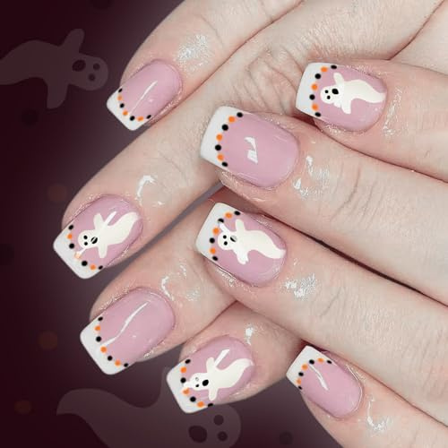 Lot de 24 faux ongles blancs de type gothique à pointe française pour Halloween - Ongles à presser - Pas besoin d'adhésif - Faux ongles d'Halloween pour adultes