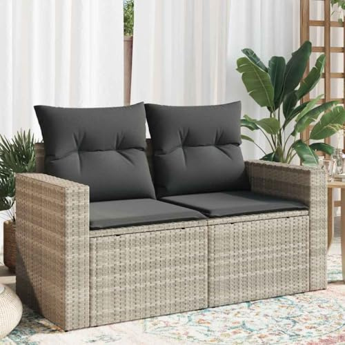 QJBSAVVA Gartensofa 2-Sitzer Hellgrau Poly Rattan Outdoor Sofa mit abnehmbaren Kissen 131x62x69 cm UV-beständig platzsparend für Balkon Terrasse und Garten