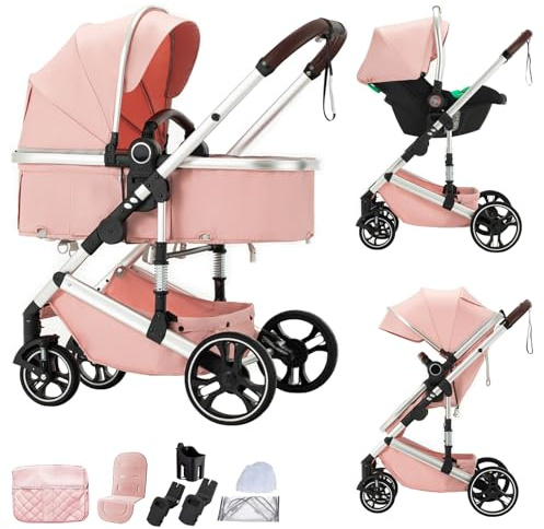 BEBBY Cochecito de bebé 3 en 1,Carrito Bebe 3 en 1 Con Asiento, Cochecitos Portátil Plegable Con, Carricoche Combinado Paisaje Alto Marco de Aluminio Para Recién Nacido (H9-PINK, H9)