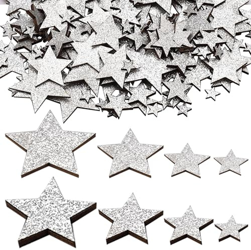 Whimzey 4 Größen Holzsterne zum Basteln Streudeko Weihnachten 1-4cm,100 Stk Glitzer Sterne Deko Holz Klein,Weihnachtsdeko Sterne Silber,Konfetti Weihnachten Tischdeko,Dekostern für Hochzeit,Geburtstag