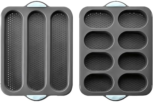 HONYUET 2-delat set med bakformar i silikon, 35 x 24 x 3 cm, grå, 3 tråg, baguetteform och 8 tråg, bakformar, baguetteplåt non-stick-belagd perforerad med handtag, för bröd, bakverk