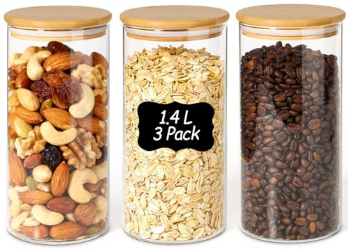 Comsaf Förvaringsburkar med Lock, Borosilikatglas Förvaringsburkar, 1400 ml, Set om 3 Delar, Lämplig för Torkade Nudlar, Röda Bönor, Godis