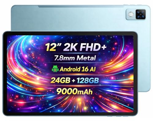 DOOGEE U12 Android 16 IA Tablette, 12 2K FHD+ (7,8 mm Métallique Ultra-Fin), 24Go+128Go(2To Externe), Batterie 9000mAh, WiFi 5G Android Tablet, Gemini AI, Caméra IA 13MP, Widevine L1, GPS, Bleu