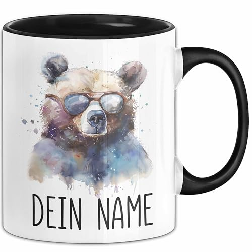 Bär Tasse mit Namen – Personalisierte Tasse Geburtstag Geschenkidee süßes Bärmotiv Mit Sonnenbrille Cool Namenstasse (Schwarz)