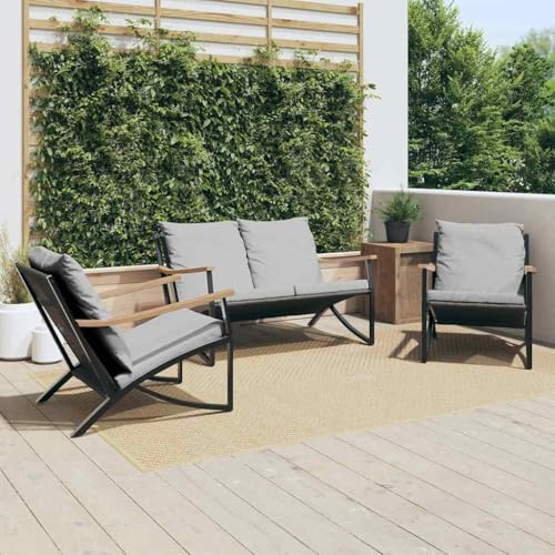 LoogCape 3-TLG. Balkongmöbelset svart av pulverlackerat stål, med bekväma ljusgrå kuddar, vattentät textil, perfekt för terrass, trädgård och veranda