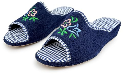 JOMIX Pantoufles Femme Ouverte Maison Été Talon Compensé Semelle Liège Chaussons Éponge Ergonomiques Confortables Légères Orthopédiques Senior Bleu Foncé 37