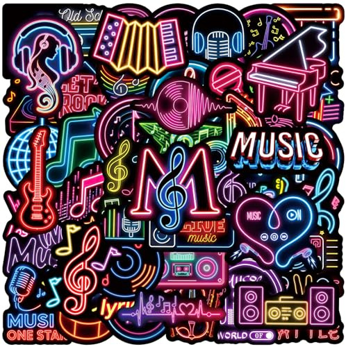 Neon Music Stickers 50 Pcs Waterproof Funny Rock and Roll Sticker for Water Bottle Laptop Skateboard Bumper Phone Cars Luggage Guitar,Vinyl Cool Band Sticker for Teens Girls