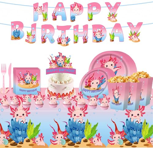 Axolotl Birthday Party Tableware Decorations Supplies Set Includes Plates Napkins Cake Toppers Banners and Tablecloth for Pink Reptile Animal Party Decor Serves 10 Guests