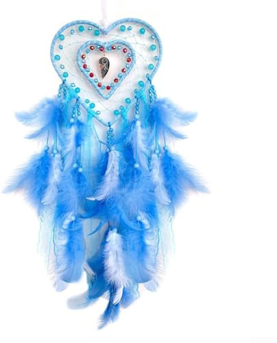 Amuleto con forma de corazón para atrapasueños con plumas, amuleto de estilo nativo hecho a mano para adornos bohemios de dormitorio y decoración de techo de guardería, fiesta romántica de boda para