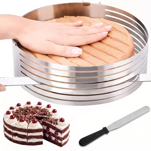 Tortenring Verstellbar, 9-12 Zoll Edelstahl Backring mit 1 Kuchenmesser | Tortenring Hoch Verstellbarer Rund Backrahmen Kuchenring Kuchenschneider, für Haushalte Bäckereien Kuchen Brot